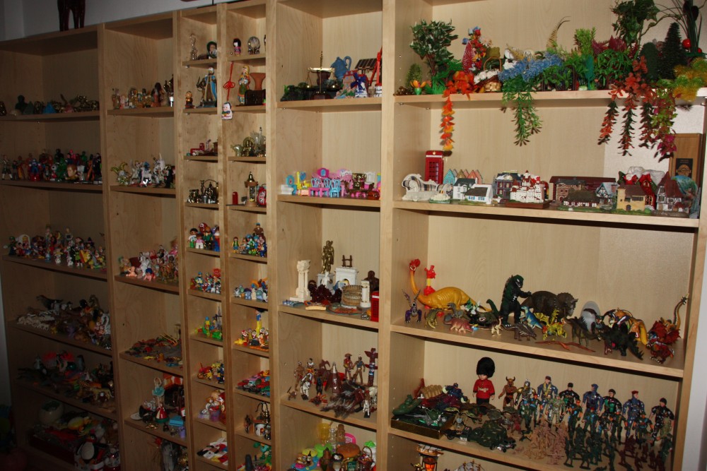 Rafturi cu miniaturi si materiale expresive in cabinet